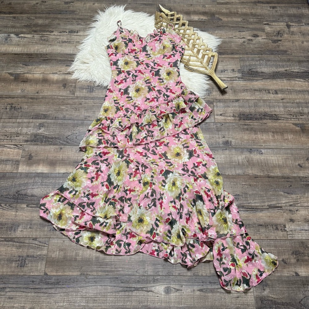 Roseveluet Floral Pink Ruffle Aymmetrical Dress